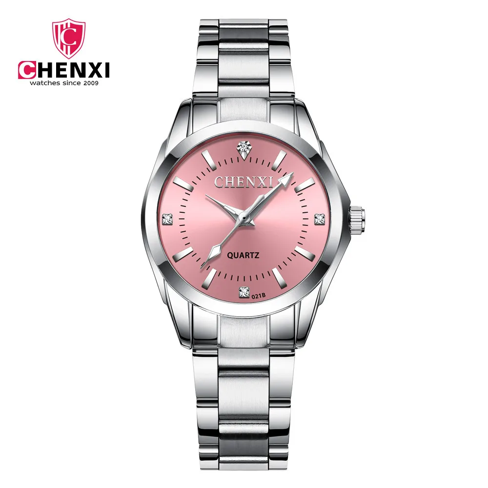 CHENXI 021B Women's Round Watch Luxury Fashion Simple Diamond Analog Display Steel band Wristwatch for Couple Clock Gift