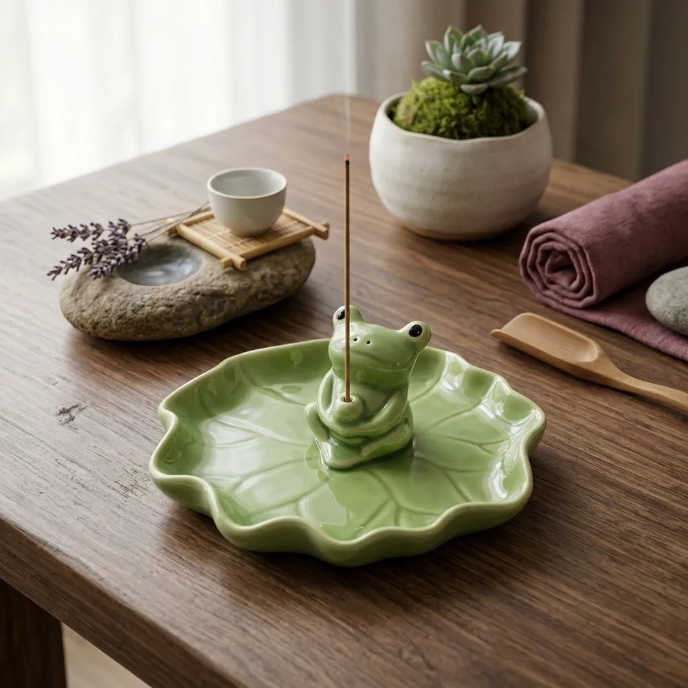 Frog Sitting on Lotus Leaf Handmade Ceramic Incense Holder for Home Office or Meditation Area Green Pottery 11.5x4.5cm