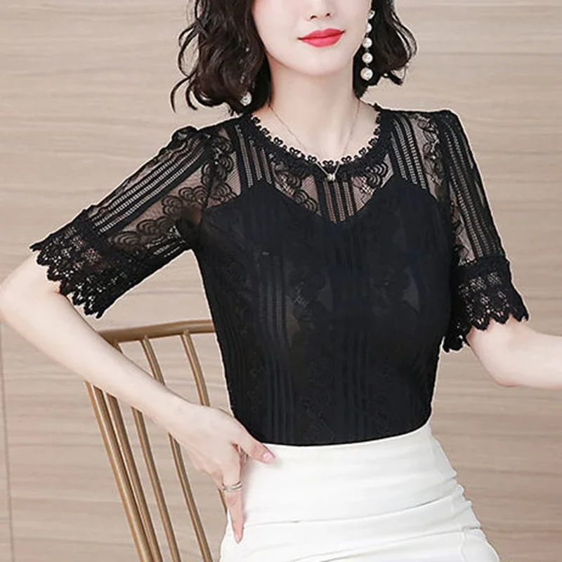 Sexy Summer Lace Blouses Women 2024 Korean Fashion Clothes Casual Blusas Femininas Slim Chiffon Shirts See Through Ladies Tops