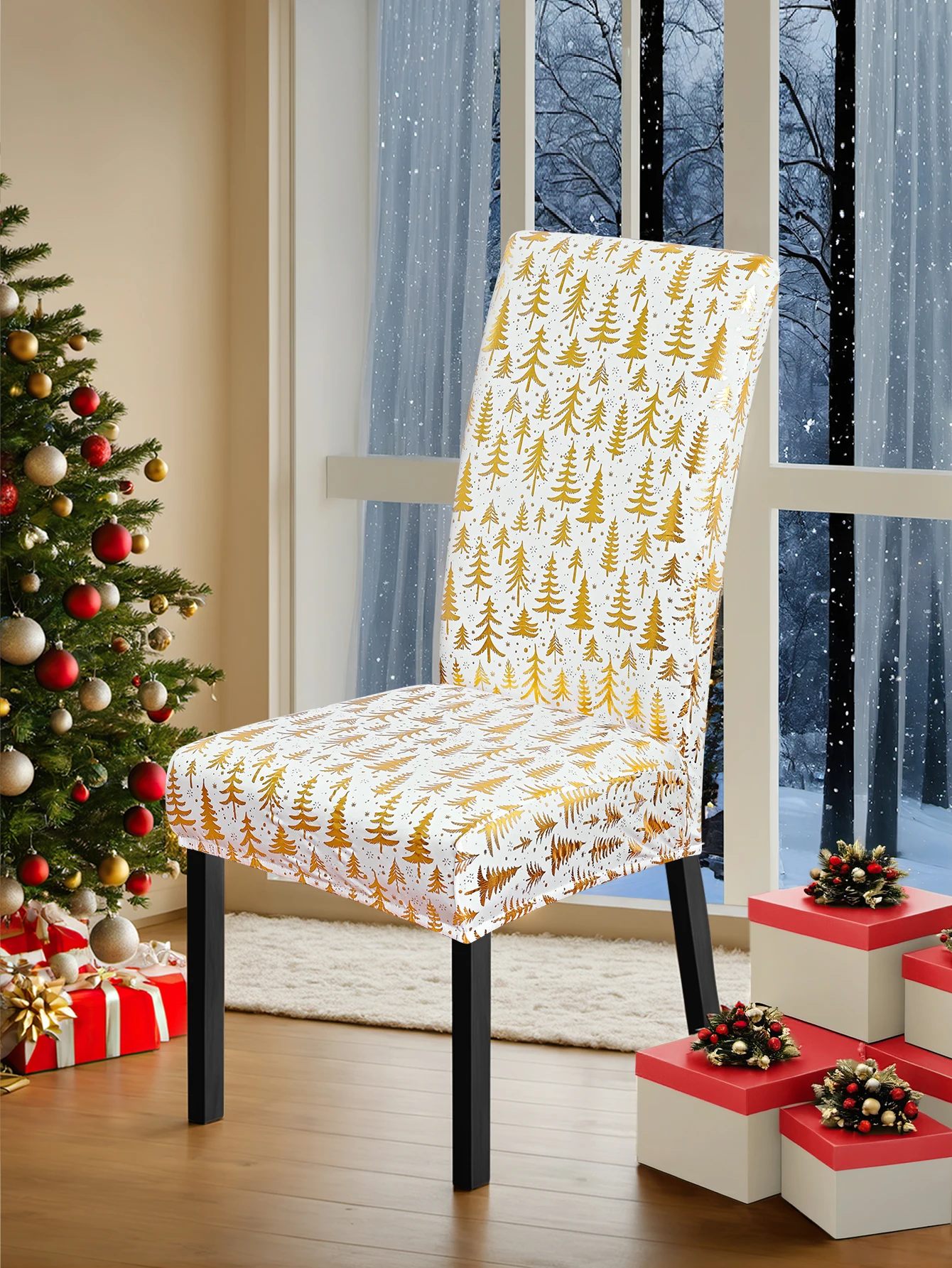 1pc Gold Stamped Christmas Tree Pattern Chair Cover, with Christmas Tree Pattern, Suitable for Family Dinner Parties