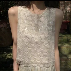 Bling Bling Sequined Tanks Tops Women Fashion Heavy Industry Double-sided Beaded Vest Vacation Leisure Beaded  Chiffon Top