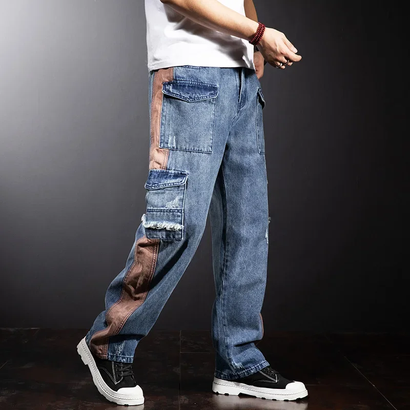 New 2026 Spring Autumn Multi Pocket Loose Cargo Jeans for Mens Straight Loose Wide Leg Denim Pant Patchwork Baggy Jeans for Men