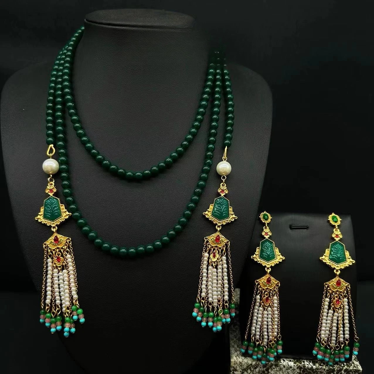 

Vintage Royal Jewelry Set Green Beaded Necklace with Imitation Pearl Tassel Dangle Earrings for Wedding Banquet Formal Styling