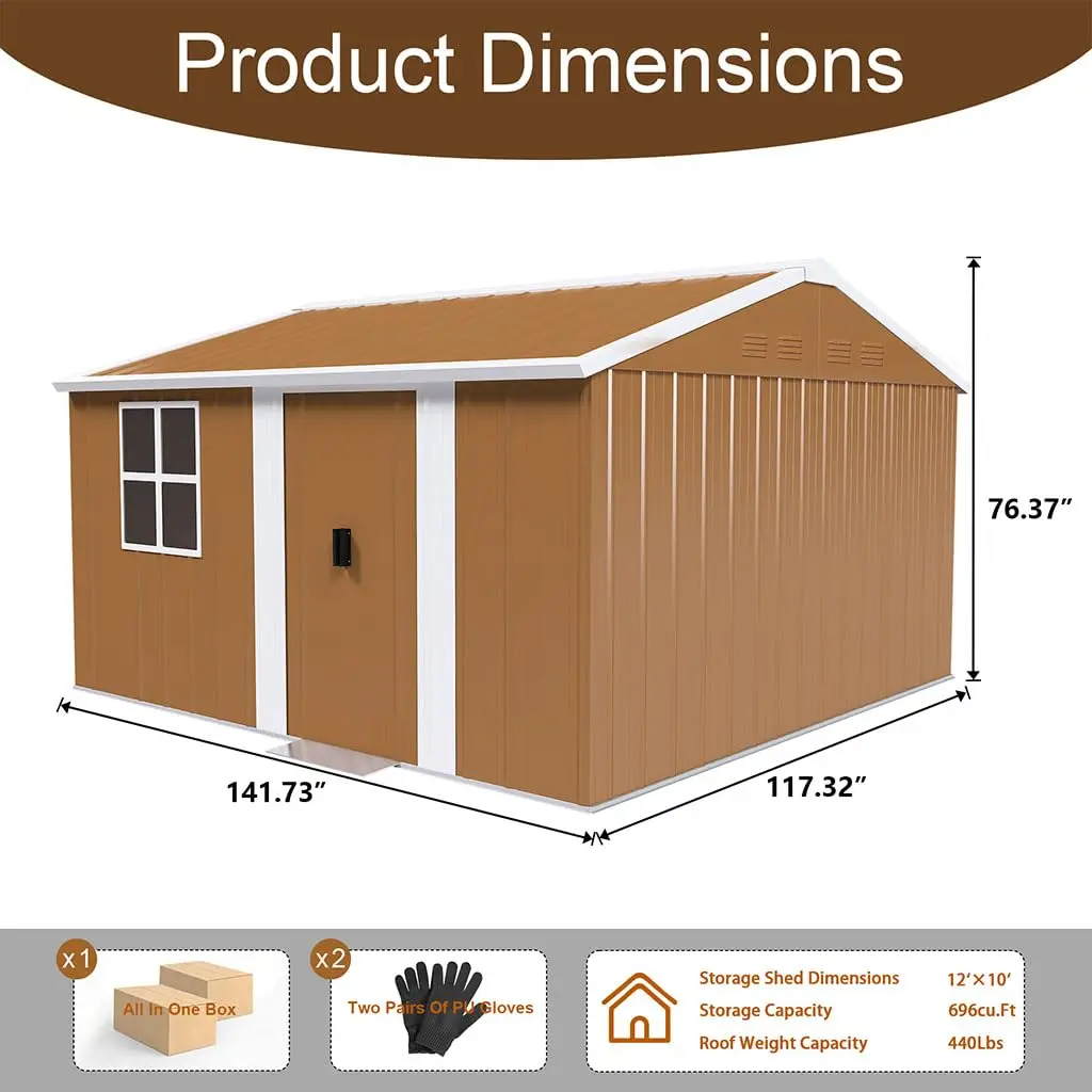 12x10 FT Metal Storage Shed with Lockable Doors, Sloped Roof & Ventilation, Rust-Resistant Tool Shed for Patio, Customized