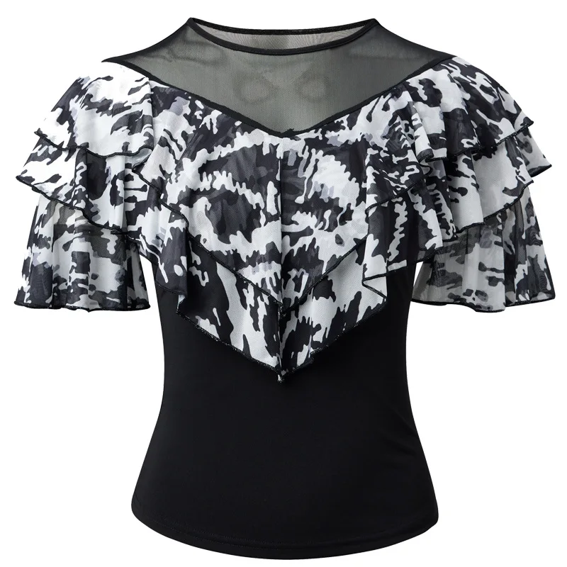 2025 Summer New Female Adult Latin Dance Top Mesh Printing Medium Sleeve Crew Neck Dance Practice Clothes