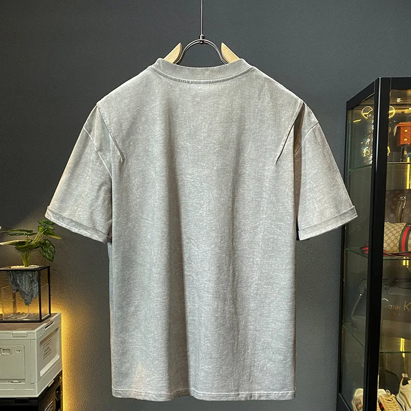 Washed-out Vintage Half Sleeve 300g Men's T-Shirt 2024 Summer Casual Loose Trendy Korean Style Fashion Tops