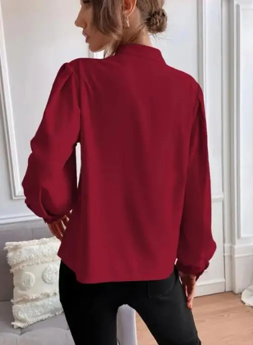 2025 primavera nova elegante gola de cor sólida manga longa única linha botão solto camisa superior feminina para mulher