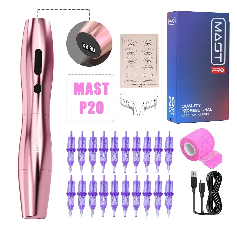 Mast P20 Wireless Tattoo Machine 2.5mm Stoke Makeup Permanent Kit with Mast Tattoo Pro Cartridge Needle Tattoo Supplies Set