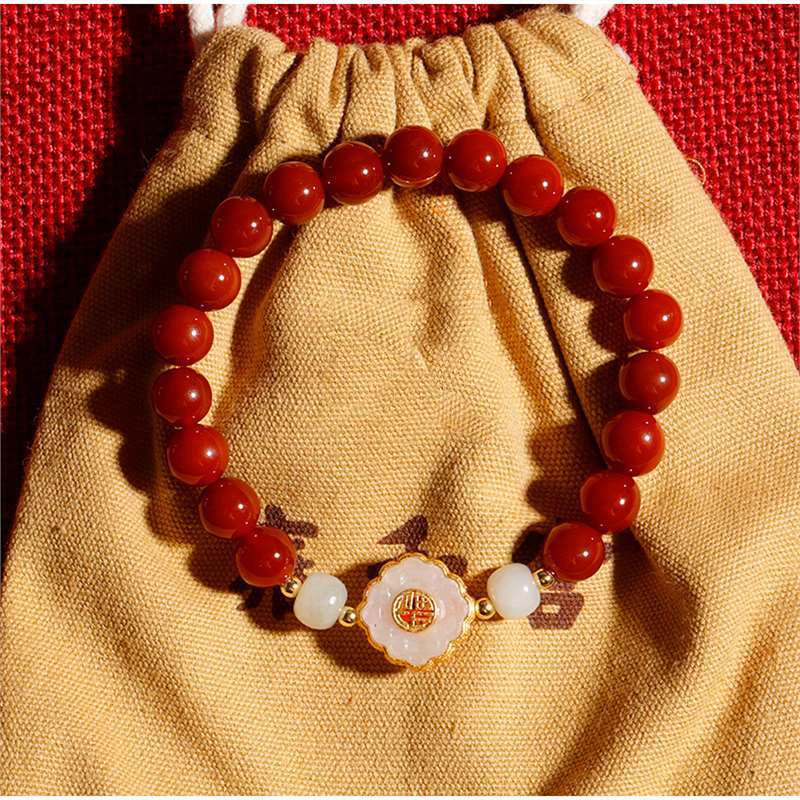 South Red Agate Bracelets for Women Fine Jewelry Gifts Vintage Lucky Chinese Character Blessing Hetian Jade Hand String