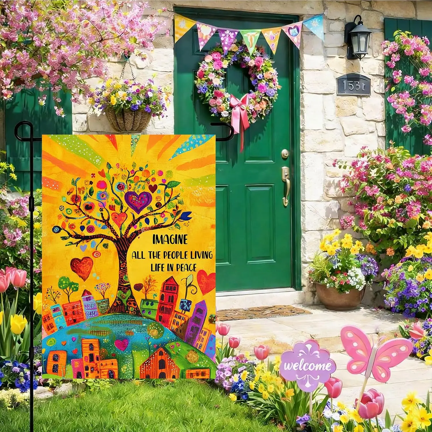 Peace Garden Flag Spring Summer 12x18 Inch Imagine All The People Living Life In Peace Inspirational Quote Colorful Tree Hea llp