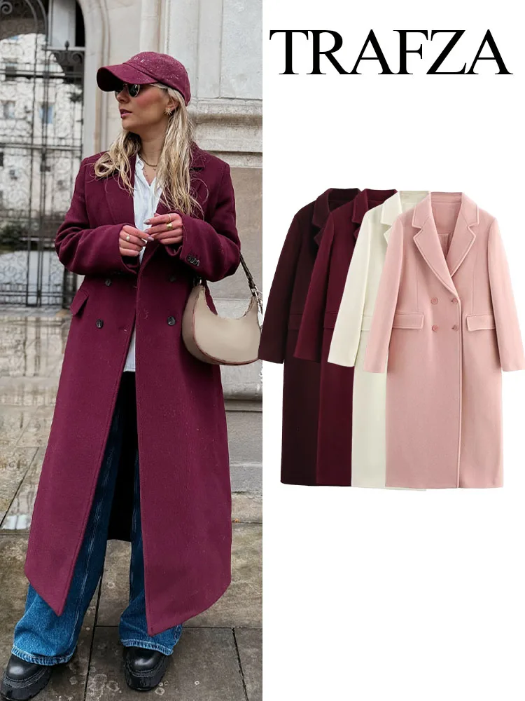 

TRAFZA Female Autumn Winter Fashion Woolen Long Coat Woman Casual Turn-Down Collar Long Sleeves Pockets Double Breasted Coat