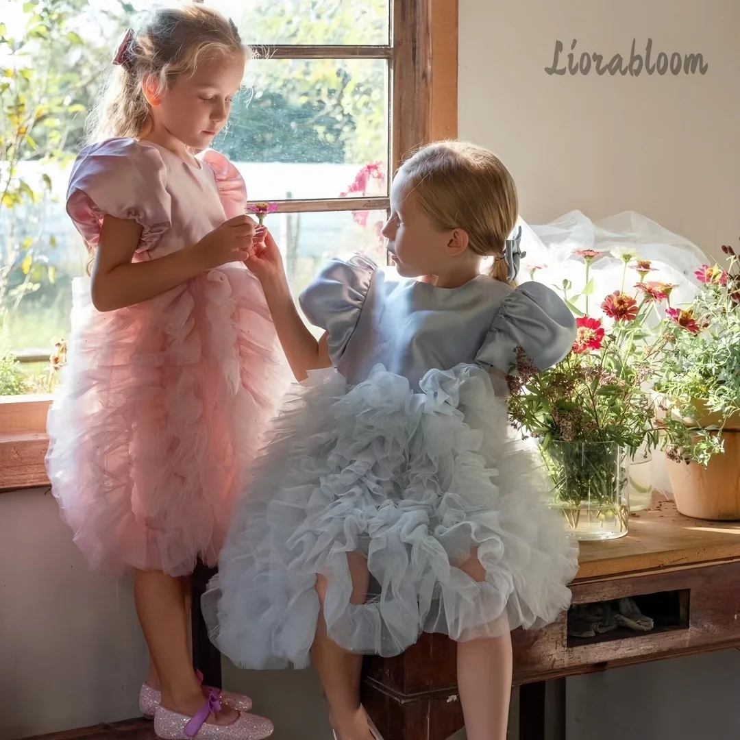 Girls' Multicolor Puff Sleeve Formal Dress Tulle Flower Girl Dress Wedding Attire Girls' Formal Wear Ballet-Style Tutu Dress