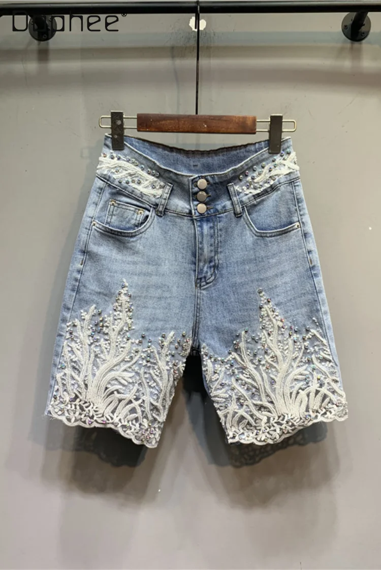 

Beading Embroidery Knee Length Denim Shorts Women Lace Patchwork Washed Blue High Waist Straight Short Pants Casual