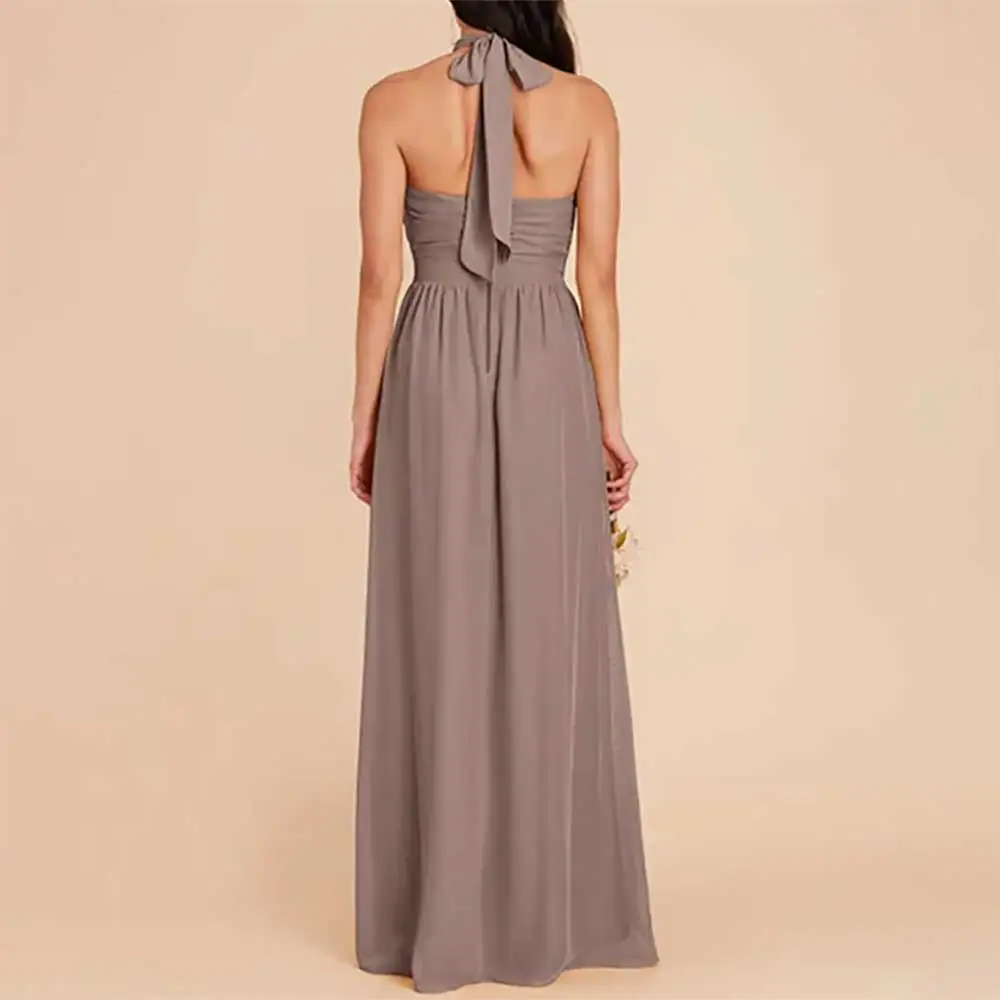 แม่ของชุดเจ้าสาว Halter Ruffled Belted Backless Side Slit ชุดราตรี Elegant Party Dress ชุดเจ้าสาวงานแต่งงาน