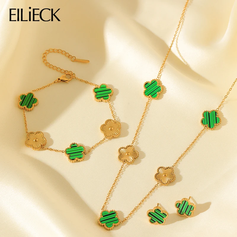 EILIECK 316L Stainless Steel Green Flower Five-leaf Clover Necklace Bracelet Earrings 3-piece set For woman Stylish Jewelry Gift