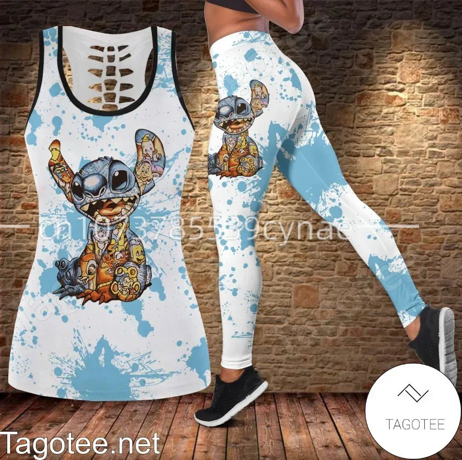 Disney Stitch Livro Feminino Colete Oco e Leggings, Terno de Yoga, Leggings de Fitness, Regata Esportiva, Conjunto Legging, Roupa