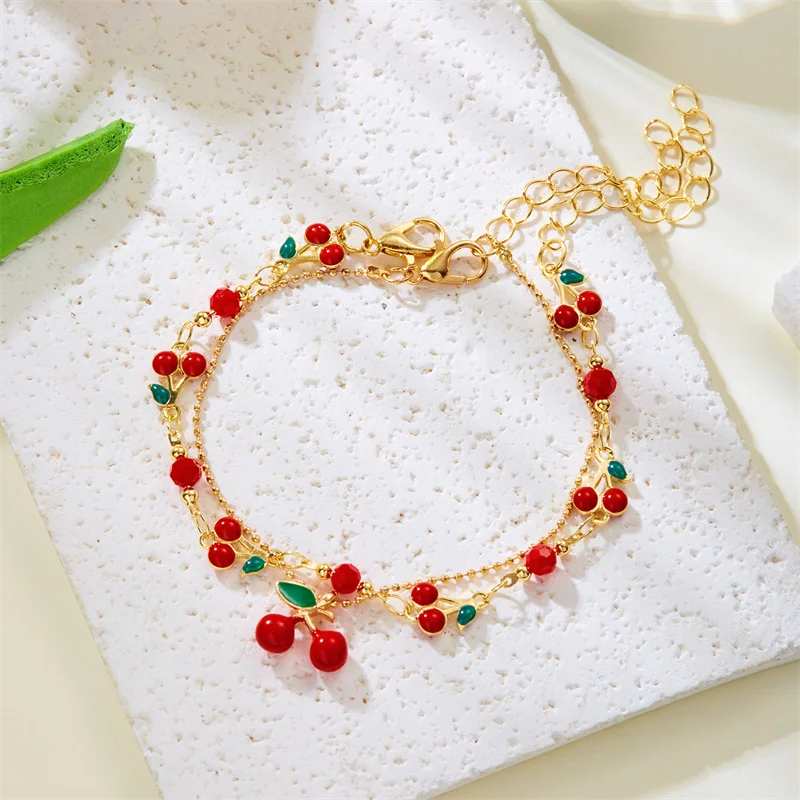 Nette Süße Rote Kirsche Kette Armband Halskette Für Frauen Vintage Gold Farbe Blume Obst Schlüsselbein Fußkettchen Hochzeit Schmuck – Detail 2
