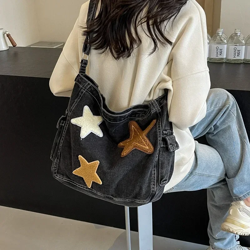 Denim Messenger Bag Female Star Pendant Washed Premium Large-capacity Shoulder Bag Lazy Wind Student Commuter Women\'s Bag