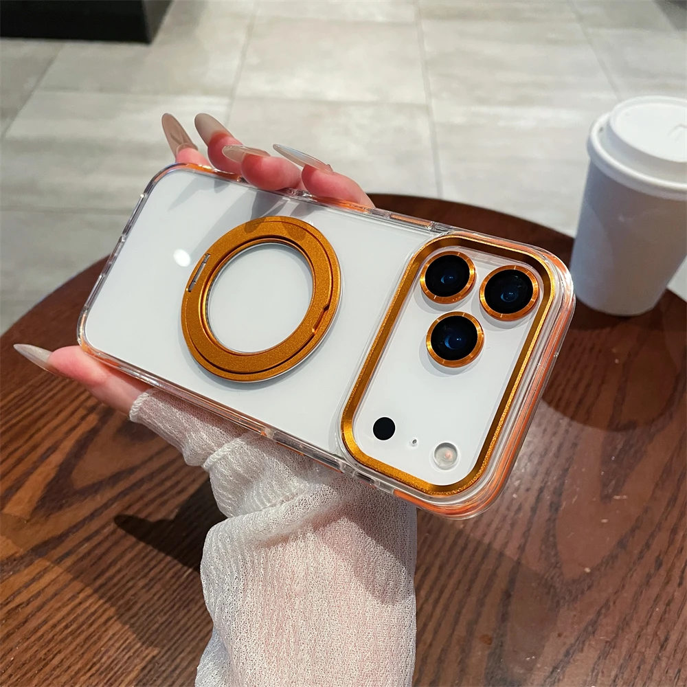 

For iPhone 17 Air 16 Pro Max Transparent For Magsafe Magnetic Rotating Holder Stand Case For iPhone 12 13 14 15 Plus Frame Cover