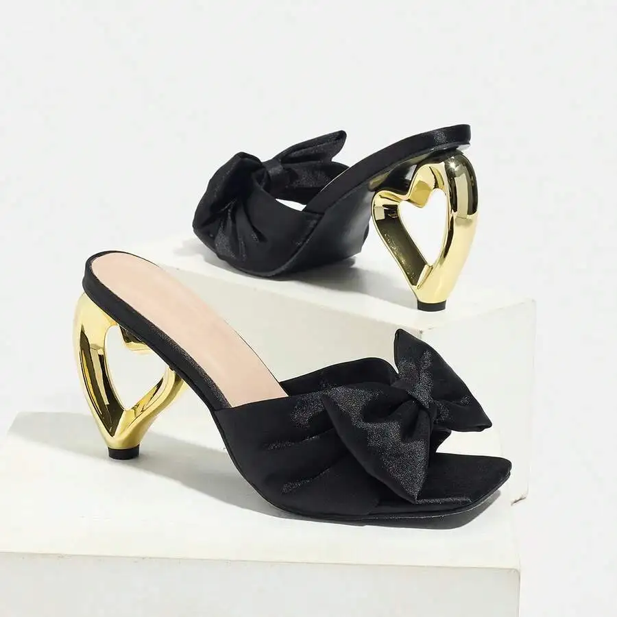 

Black Satin Bow Mule Sandals With Heart Shaped Hollow Heel Slip On Square Toe