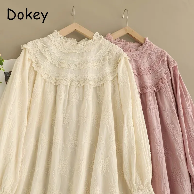 Vintage Embroidery Hollow Out Cotton Linen Dress Women Spring Mori Girl Lace Ruffled Casual Long Sleeve Loose Pullover Vestidos