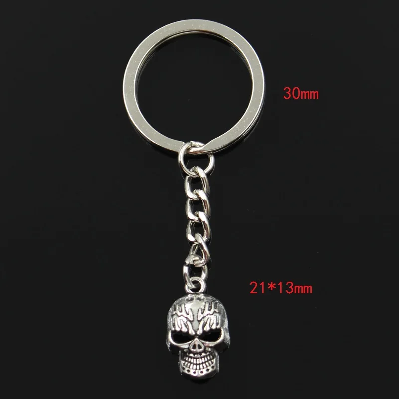 Fashion 30mm Key Ring Metal Key Chain Keychain Jewelry Antique Bronze Silver Color Plated Skeleton Head Skull 21x13mm Pendant