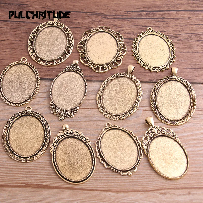 2Pcs 30*40mm Inner Size antique God Plated 11 Style Big Oval Cabochon Base Setting Charms Pendant Necklace Findings