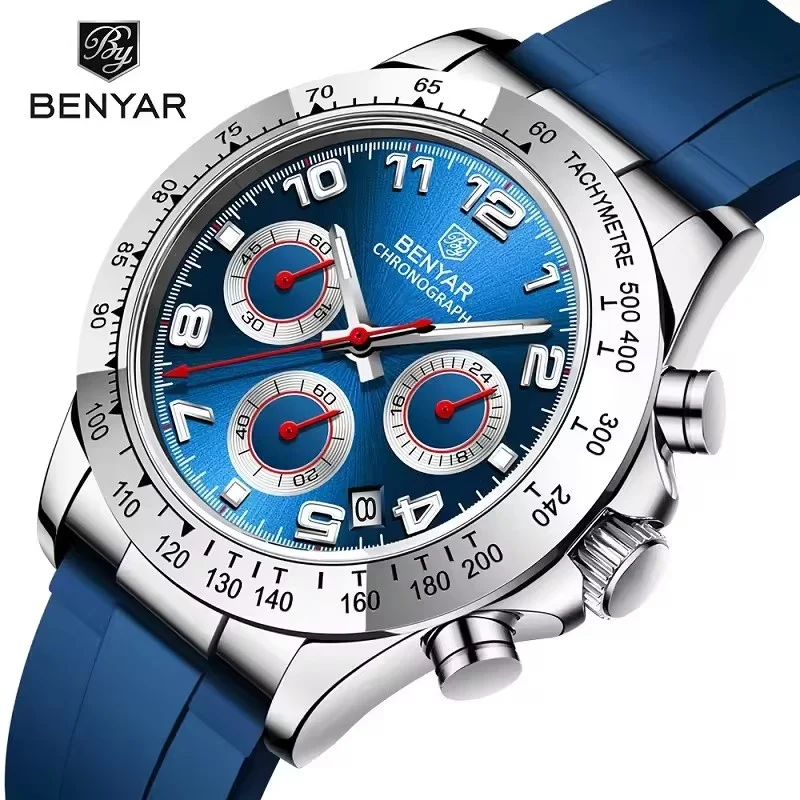 

BENYAR 5192, новые повседневные мужские кварцевые часы со стальным безелем, силиконовый ремешок, водонепроницаемые многофункциональные светящиеся наручные часы для мужчин
