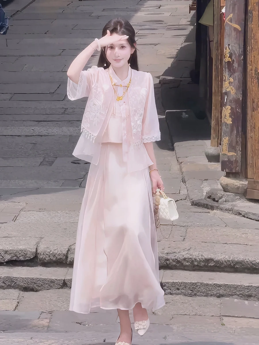 

Новый китайский модный летний женский комплект из трех предметов: розовый элегантный ансамбль, премиум-класс, для студенток