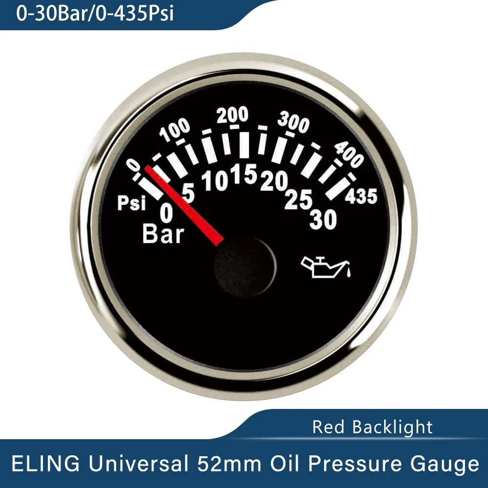 52mm Oil Pressure Gauge Meter 0-30Bar 0-435Psi with Red Backlight for Truck Yacht Car Boat Universal 9-32V