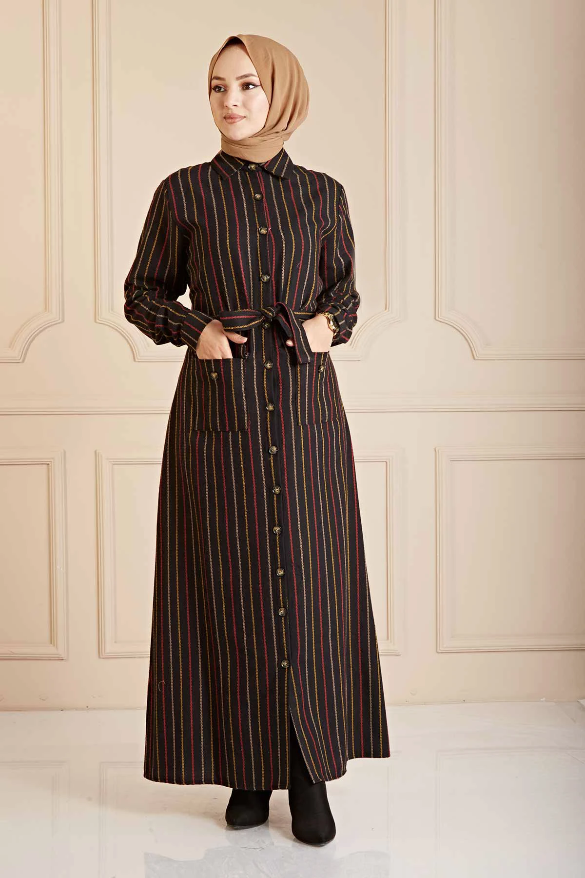 Striped Shirt Collar Dress PO Black Winter Autumn 2021 Muslim Women Hijab headscarf islamic Turkey