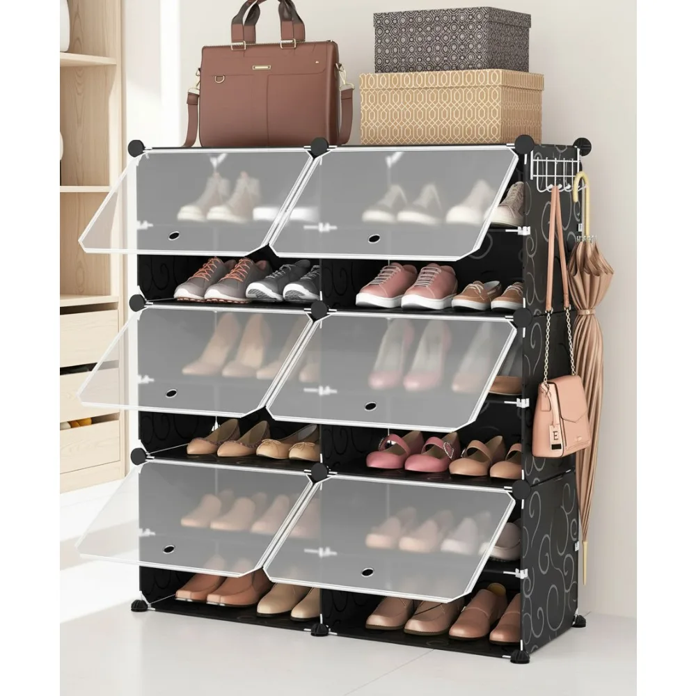 

6-Tier Expandable Shoe Rack Organizer with 24-Pair Capacity and Hooks, Space-Saving Storage for Bedroom