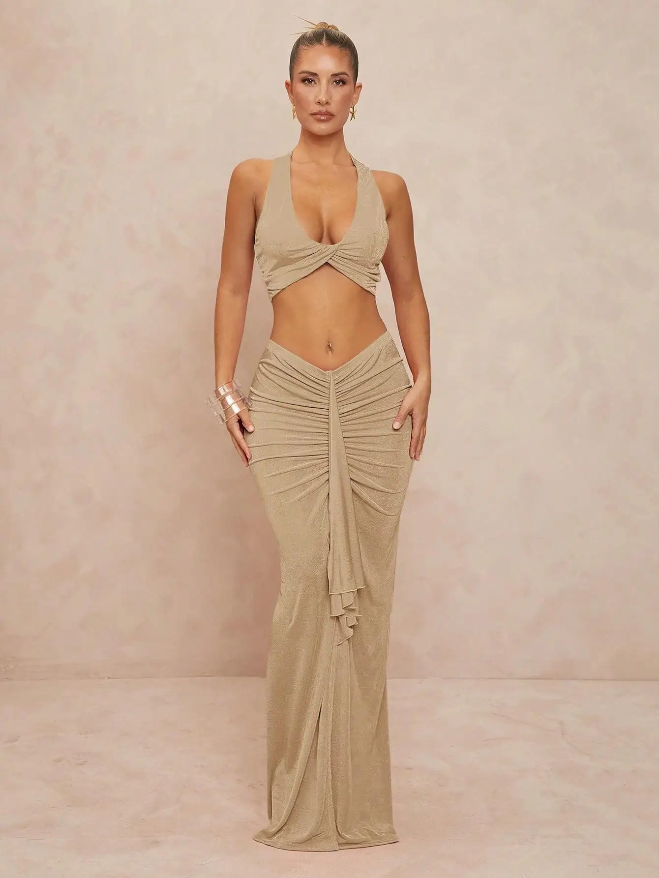 

Summer Elegant Sexy Solid Slimming Fit Women 2 Piece Dress Suit Knot Neckline Slit Top+Floor Length Split Smocked Skirt Suit