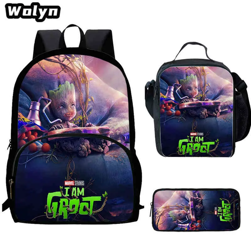 

Cartoon Groot Child Backpack with Front Pocket,Lunch Bags,Pencil Bags for Aged 5-10,Cartoon Groot School Bags for Boys Girls
