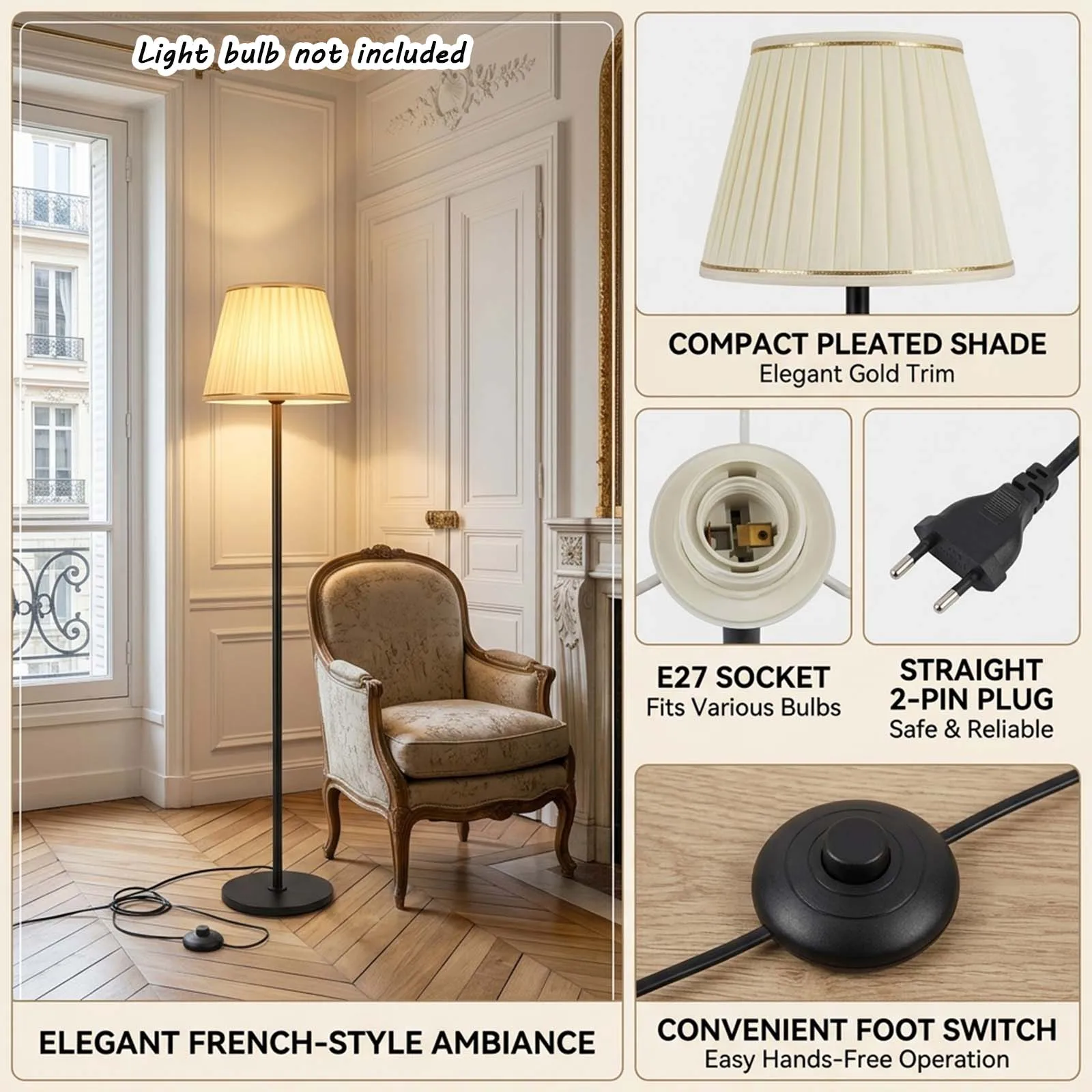 Black Floor Lamp, Cream Pleated Fabric Shade, Gold Trim, E27 Socket, Foot Switch, Straight 2-Pin Plug, French, Elegant