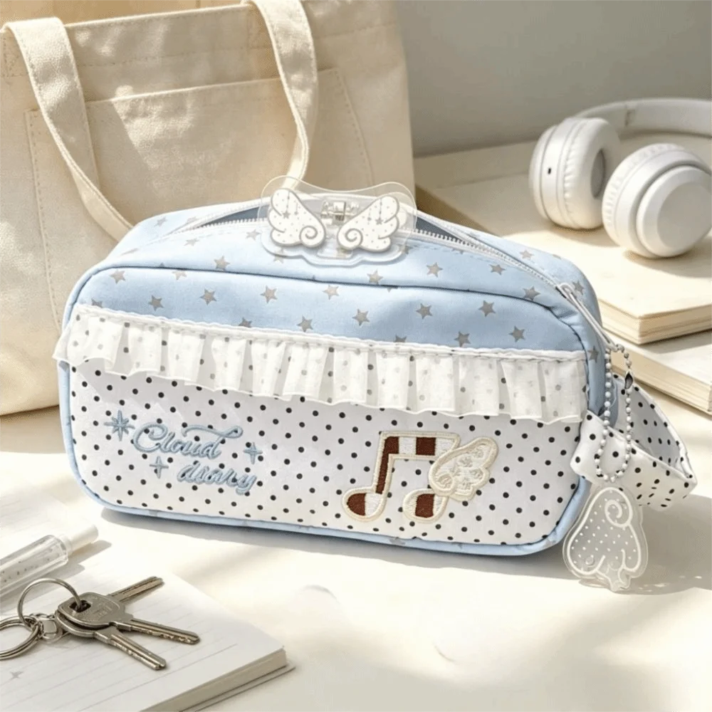 Plaid Pattern Musical Note Pen Bag Large Capacity Wave Point Stationery Bag Soft Material Splicing Pencil Bag Daily Study