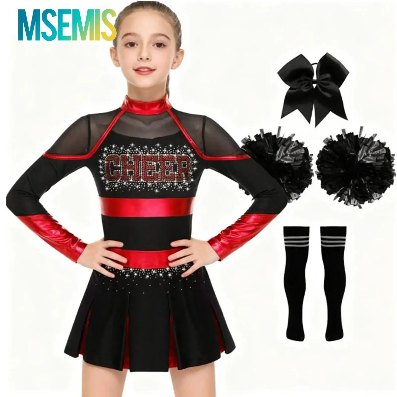 Kids Girls Cheerleader Costume Musical Cheerleading Uniform School Girls Glittery Rhinestones Metallic Long Sleeve Pleated Dress