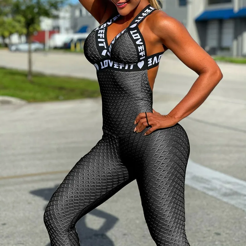 

Women's clothes jumpsuits Backless Honeycomb Letter Print V-Neck Jumpsuits for woman Female Long jumpsuits sporty woman