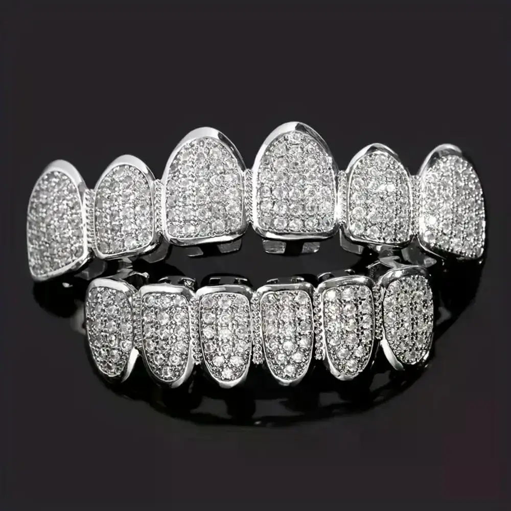 Teeth Grillz Set for Unisex Top Bottom Mouth Silver Color Teeth Grills Tooth Cap Removable Dental Fashion Body Jewelry