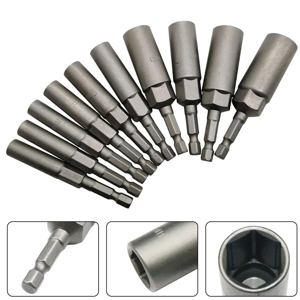 Socket Adapter Hex Sockets Hex Shank Nut Driver Set Set 10PCS 5.5/6/7/8/9/10/11/12/13/14MM 80mm Chrome Vanadium Steel