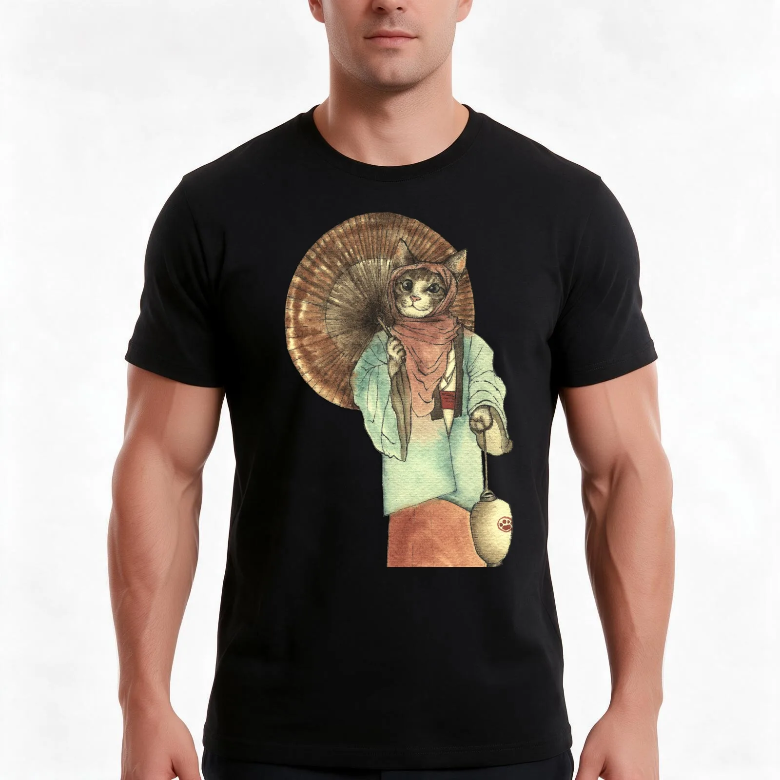 Umbrella Halfing Cat with Her Lantern T-Shirt, Summer Casual Cotton Tee, Oversized Streetwear Tops, Vintage Graphic Print
