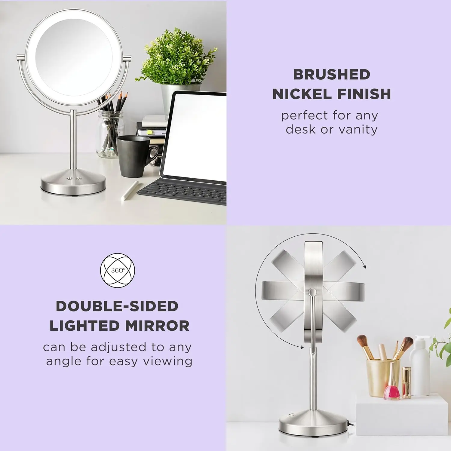 Double-Sided LED Vanity Mirror with 1X/10X Magnification, 3 Light Settings, 360° Rotation