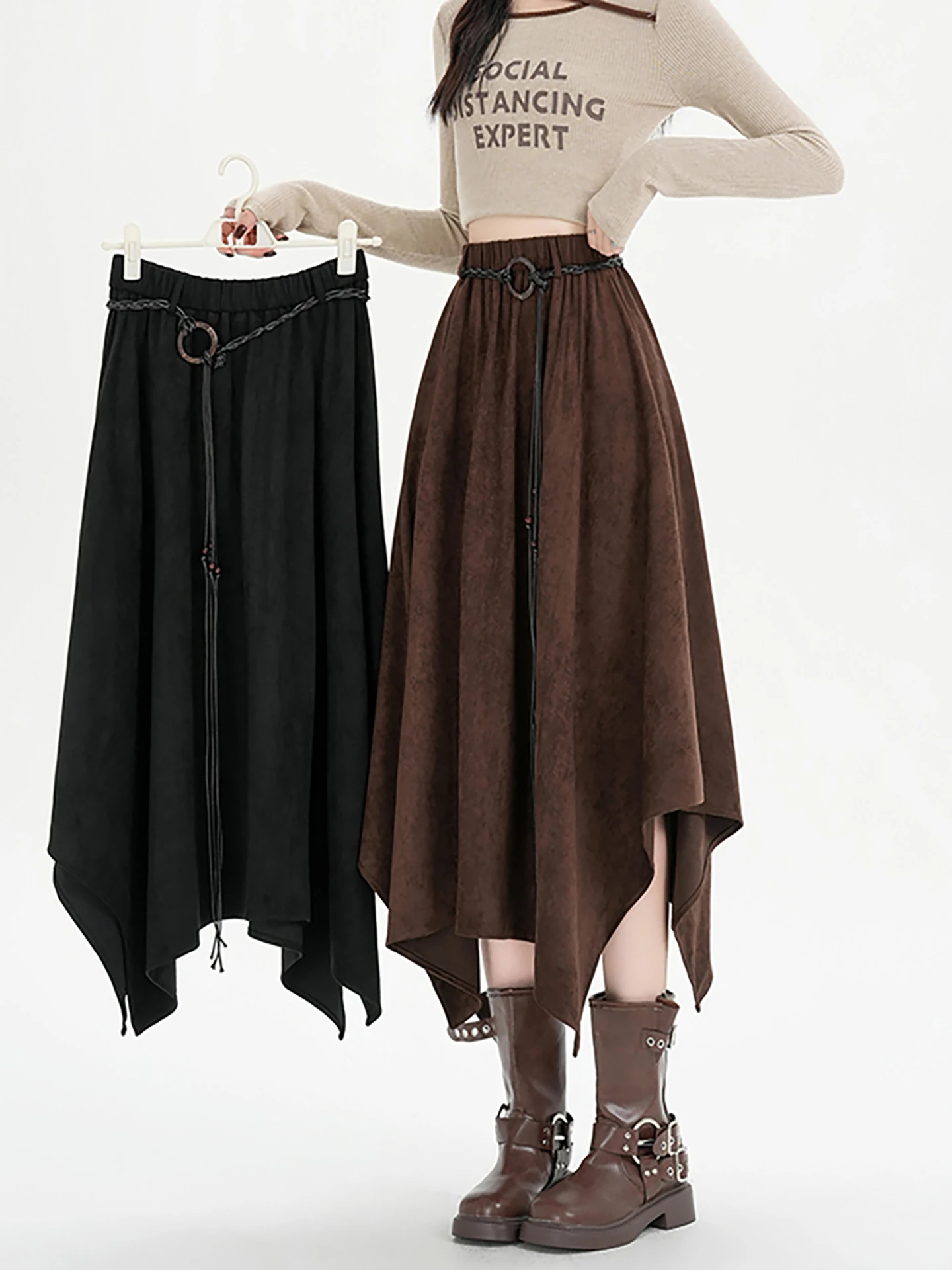 تنورة قصيرة غير متماثلة عالية الخصر من قماش جلد الغزال المخملي المطوي للنساء، موديل جديد لربيع وخريف وشتاء 2025، تنورة على شك...