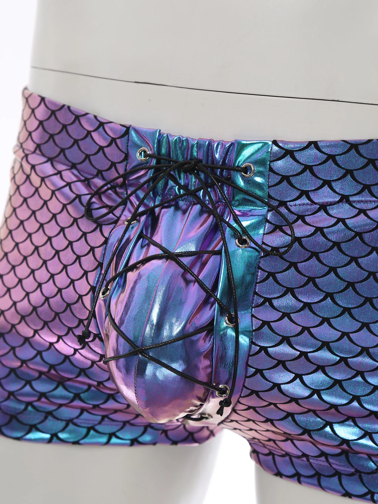 Summer Fashionable Swim Trunk Shorts Men Shiny Fish Scale Mermaid Print Lace-up Boxer Shorts for Beach Bay Vacation Underwear