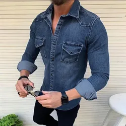 Men's Slim Fitting Denim Shirts Fashion Handsome Long Sleeve Jeans Jacket or Men Soft Solid Two Pockets Slim Elastic Shirts