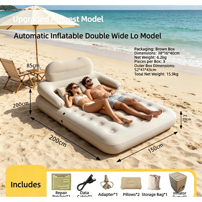 Self-Inflating Double Wide Air Mattress for Couple Tent  Foldable Camping Bed w/Backrest Thick High DampProof