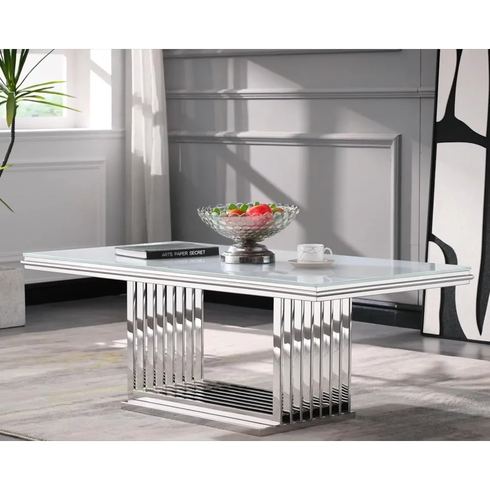 Table basse argentée avec magnifique plateau en verre, base à lattes en métal en acier inoxydable miroir, table de salon, 50 po