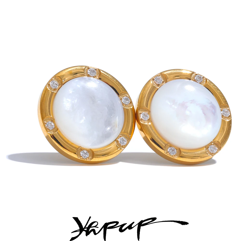 Yhpup High Quality Fashion Natural Shell Zirconia Stud Earrings Prevent Allergy Metal Golden Premium Daily Jewelry Waterproof