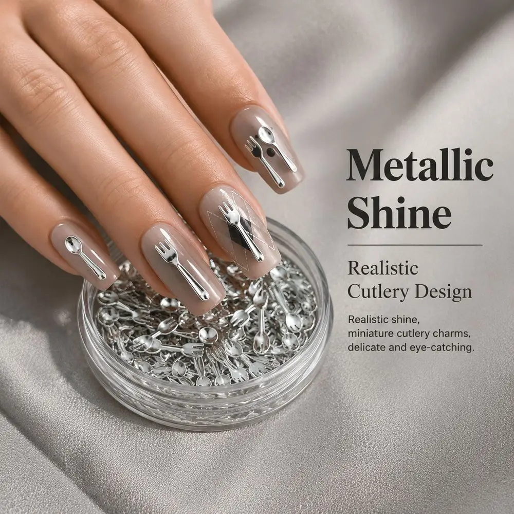 50Pcs Gold & Silver Mini Spoon Fork Nail Charms Korean Ins Unique Cutlery Ornaments For Party Daily DIY Nail Art Decoration