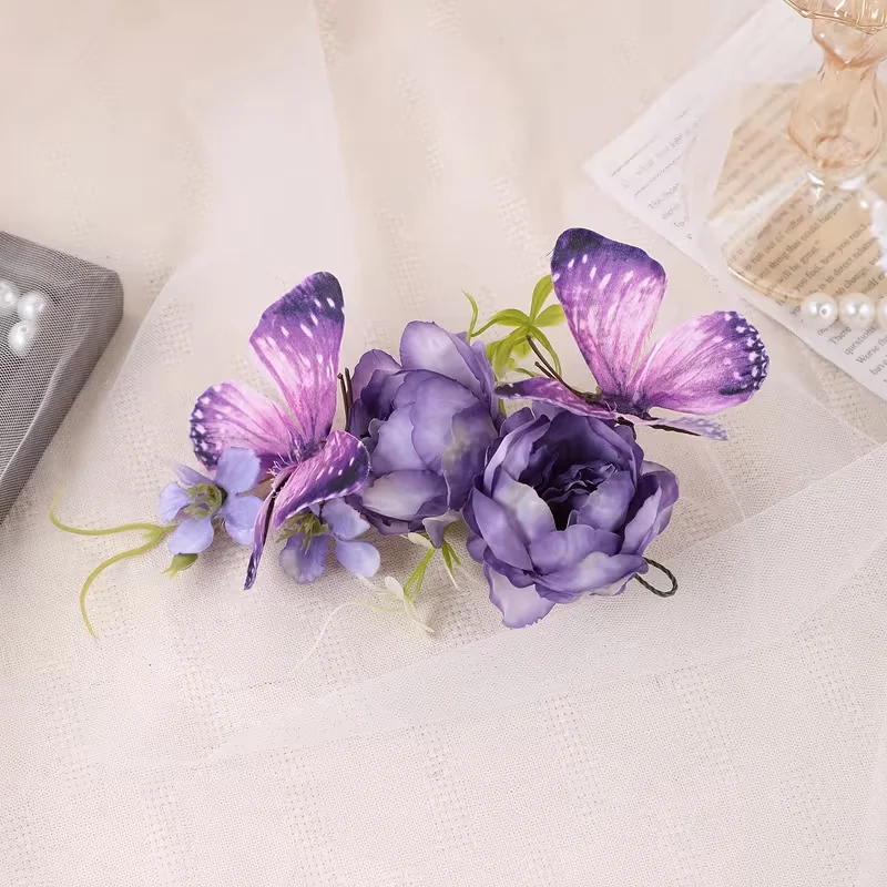 紫色の蝶の花のヘアクリップ、女性用人工牡丹の花のヘアアクセサ - Women Fashion Photoshoot のレビューと価格